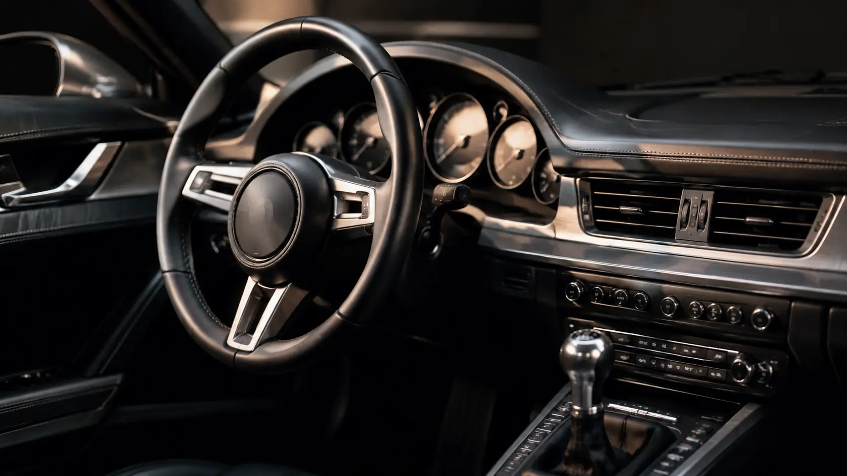 Luxe zwart sportwageninterieur met metaalaccenten